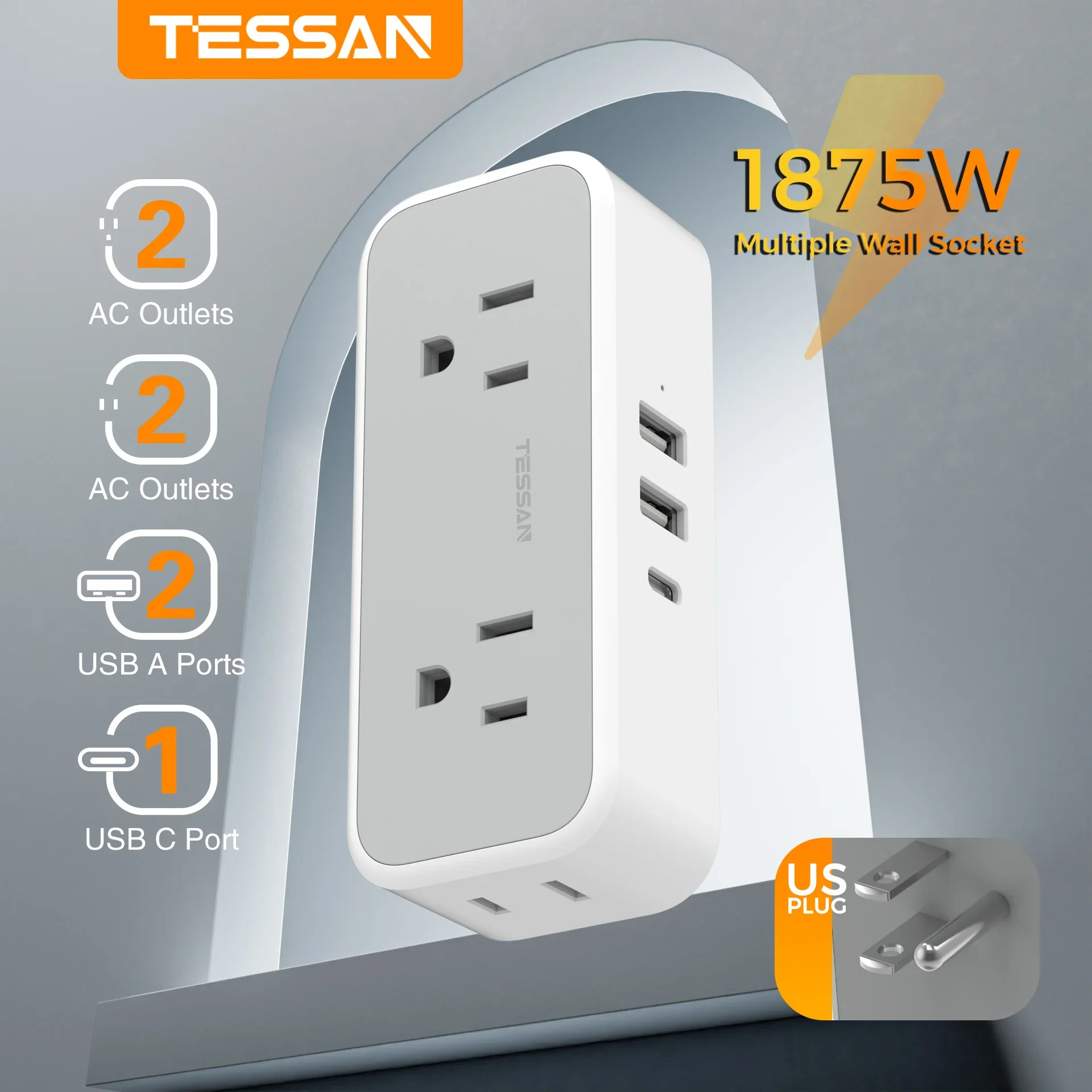 TESSAN Surge Protector Power Strip with 4 AC Outlets 2 USBA Ports and 1 USBC Port Multi Plug Splitter for Home Office Essentials