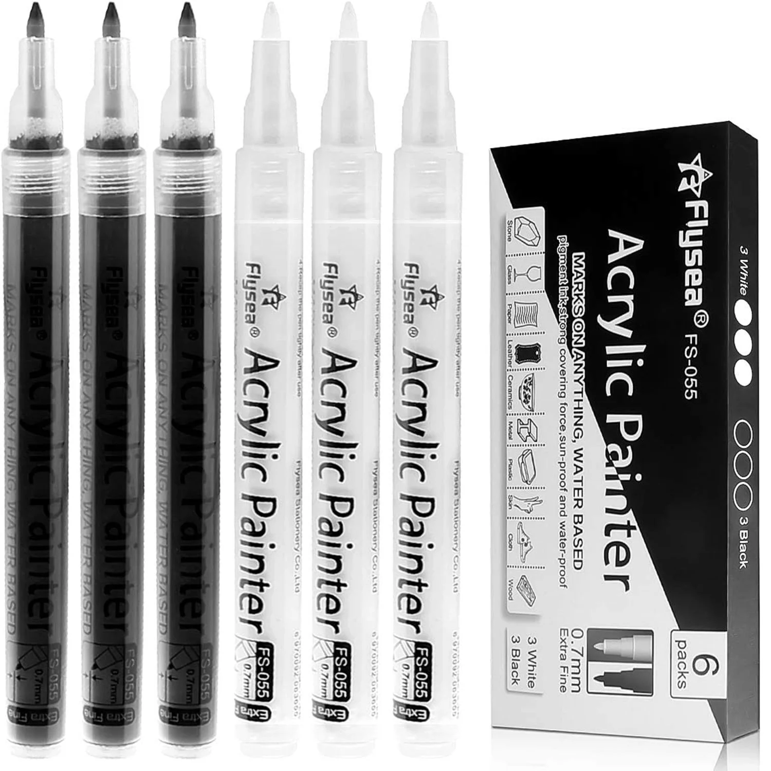

Black Paint Pens, 6 Pack 0.7mm Acrylic Black Permanent Marker ,White Paint Pens for Rock Painting, Water-based Extra Fine Point