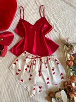 New Summer Women's V Neck Pajama Set Fashion Solid Halter Top with Heart Printed Shorts 2 Piece Sleepwear Comfortable Home wear 1