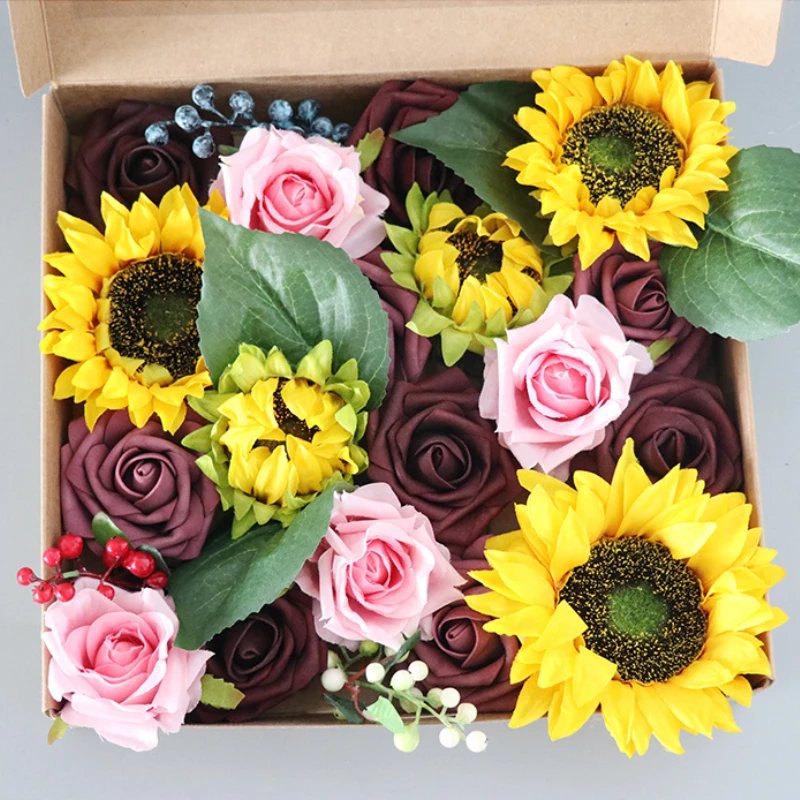 

Artificial Silk Rose Flowers Box Simulation Sunflower Wedding Bride Bouquets Wedding Party Decor DIY Flower Arrangements Box Set