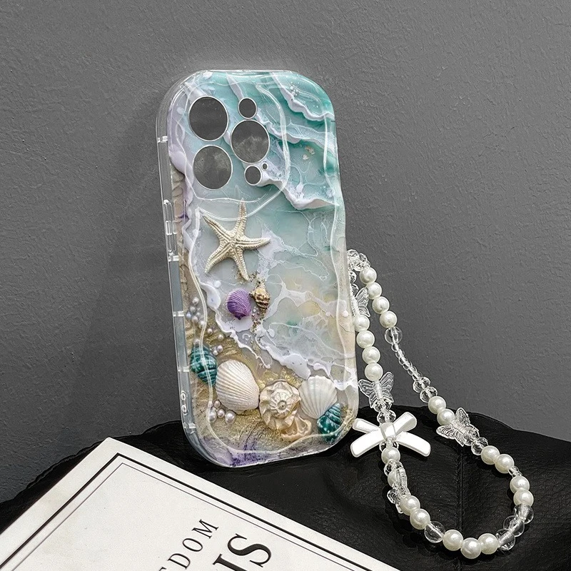 Beach Seashell Starfish Pattern Phone Case For iPhone 17 16 15 14 13 12 11 Pro Max 16E 17E With Lanyard Clear Wavy-edge Cover