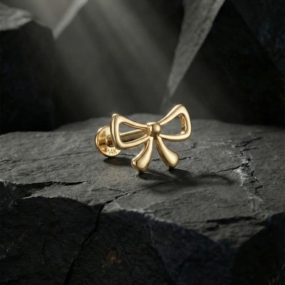 록시 14K 솔리드 골드 기하학적 광택 보우/스타 피어싱 귀걸이 여성용 데인티 럭셔리 체인 태슬 발렌타인데이 선물