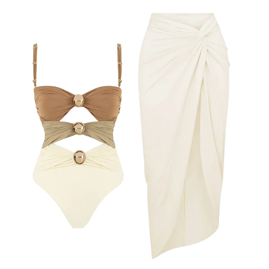 2024 New  Bathing Suit Women‘s ’  Swimsuit  Bikini Set Cutout  Buttons One Piece and Sarong Vacation Swimwear Women Beachwear