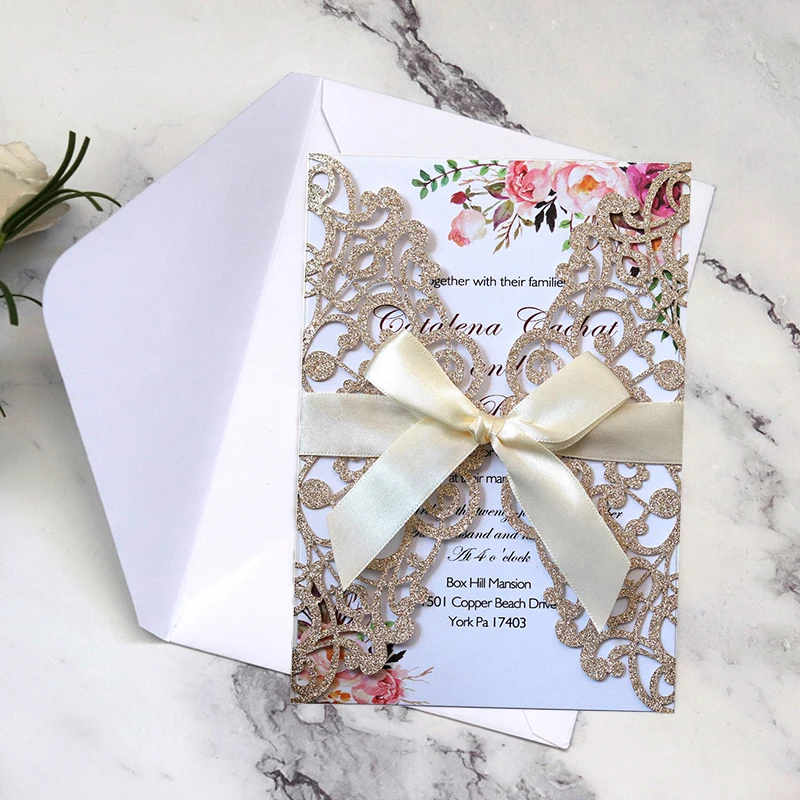 10PCS Laser Cut Blue Glitter Wedding Invitations with Ribbon – Elegant Gold Glitter Gre... - SKU LCIC0857 - UGI Packaging