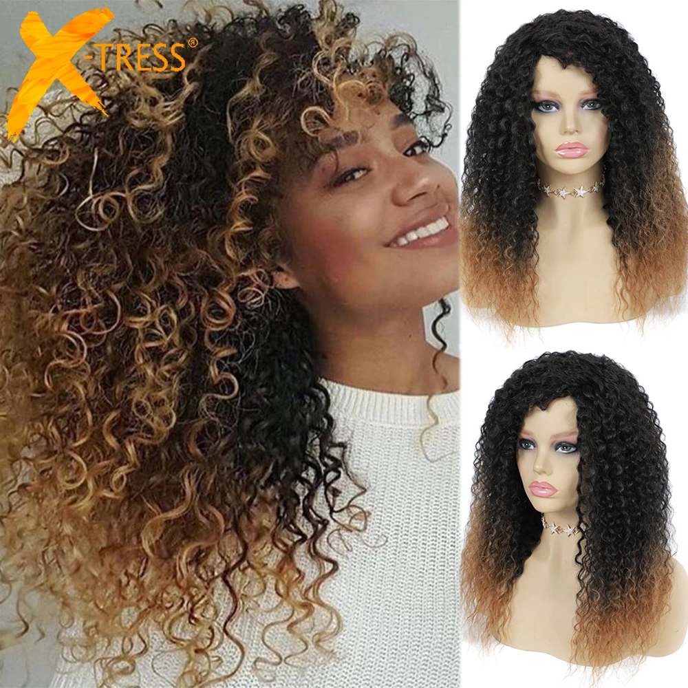 Darker Brown Colored Synthetic Machine Hair Wigs For Black Women Kinky  Curly 18inch Medium Length Side Part Soft Wig X-tress - Synthetic Wigs(for  Black) - AliExpress