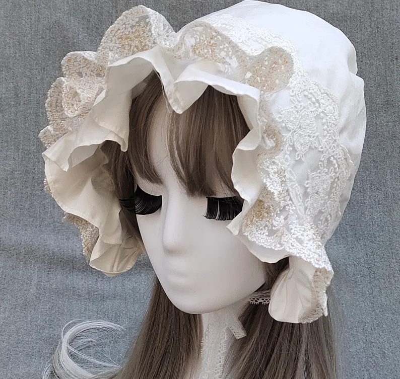 Medieval Vintage Maid Cosplay Pumpkin Cotton Cap Lace-up Adjustable Hat Women Girls Lolita Lace Bonnet Ruffled Hat Beanies Cap
