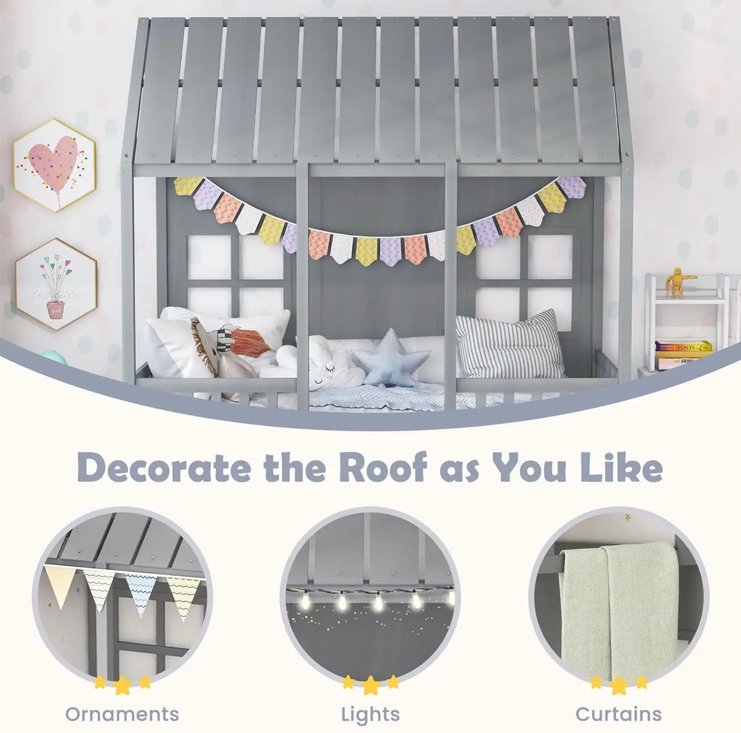 Twin House Bed with Trundle Kids Bed Frame with 82" Tall Roof Windows and Guardrail Wooden Playhouse for Teens