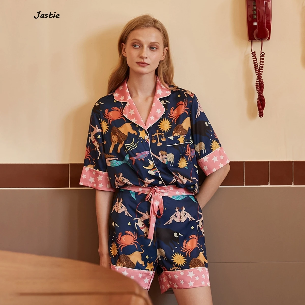 

【Constellation】Summer Blue Print Imitation Ice Silk Short Sleeve Women's Pajama Shorts 2pcs Sets Cartoon Sleepwear Woman Clothes