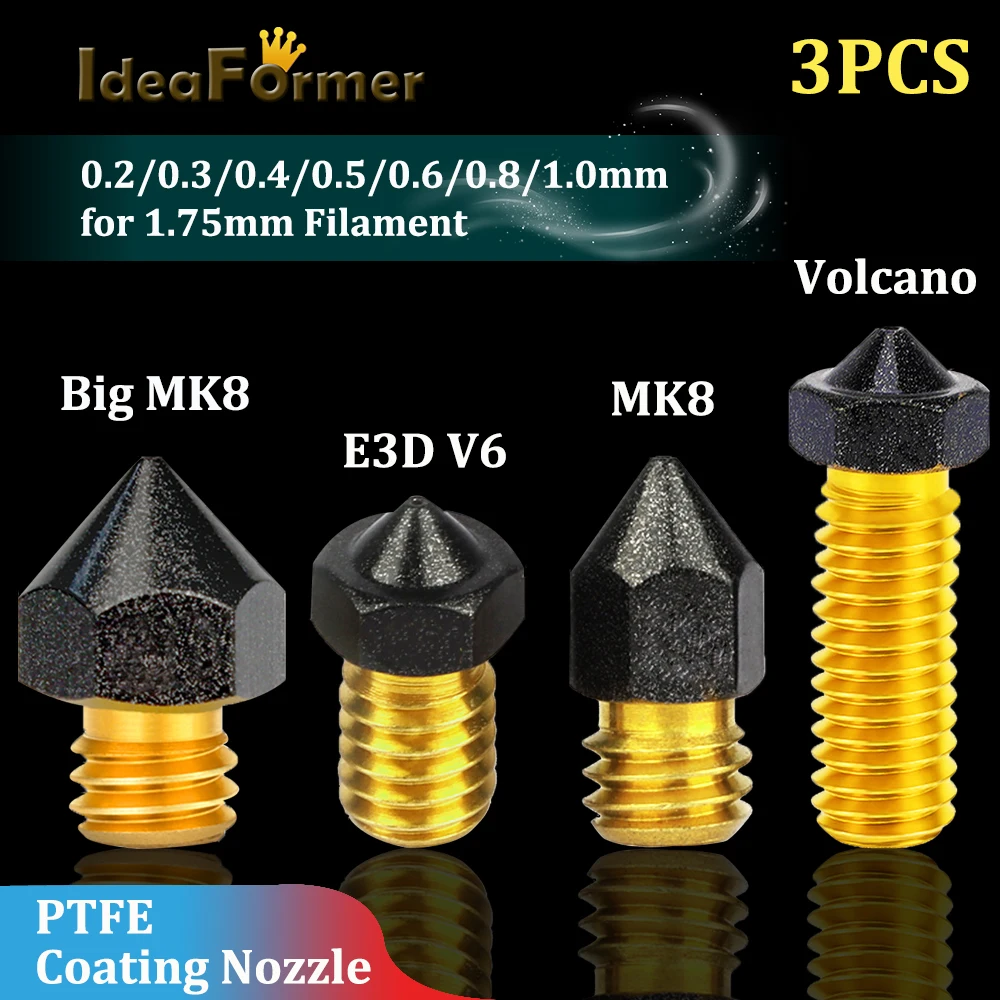 

3PCS 3D Printer V6/MK/Volcano M6 Brass PTFE Nozzle 0.2/0.3/0.4/0.5/0.6/0.8/1.0mm for 1.75mm Filament E3D V6/MK Hotend Extruder