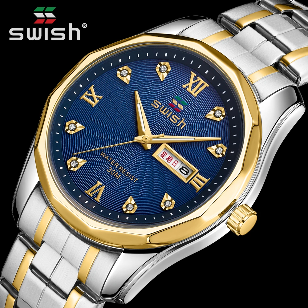 Two Tond Gold Men Watch Quartz Movement Auto Date Business Dress Clock Luxury Wild Wristwatch Steel Bracelet Relogio Masculino