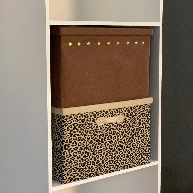 LEOPARD PRINT RECTANGLE FABRIC FOLDABLE STORAGE BOX SOLID BODY WARDROBE TRUNK ORGANIZER WITH LID HANDLES SUNDRIES STORING BASEKT 2
