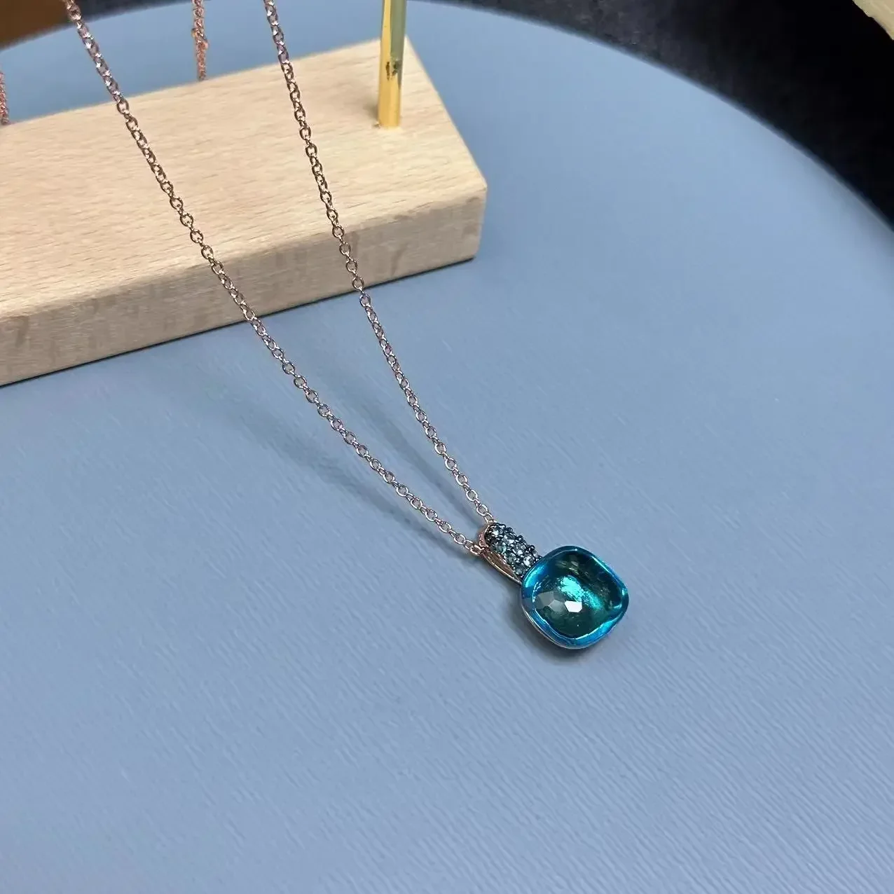 

12.6mm Pendant Necklace Candy Color Square Crystal Pendant Inlay Blue Topaz Zircon with Bun Black Plated Fashion Jewelry