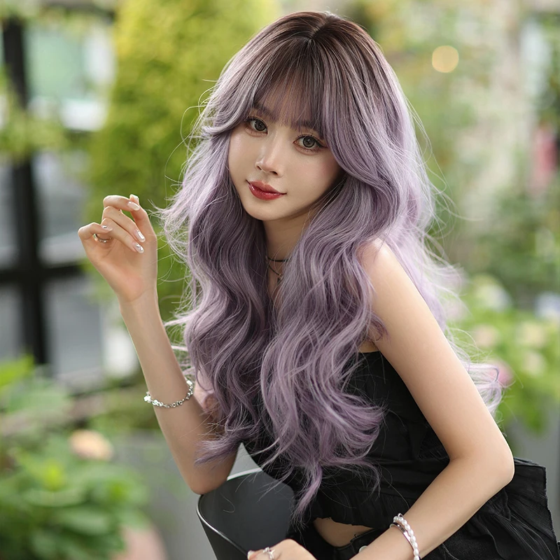 7JHH WIGS Lolita Wig Synthetic Body Wavy Purple Wigs with Dark Roots High Density Layered Hair Wigs for Women Beginner Friendly