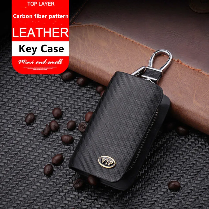 

Universal Carbon Fiber Style Top Layer Leather Car Key Case Holder Key Bag Keychain Suitable For All Kinds Of Car Key Accessory