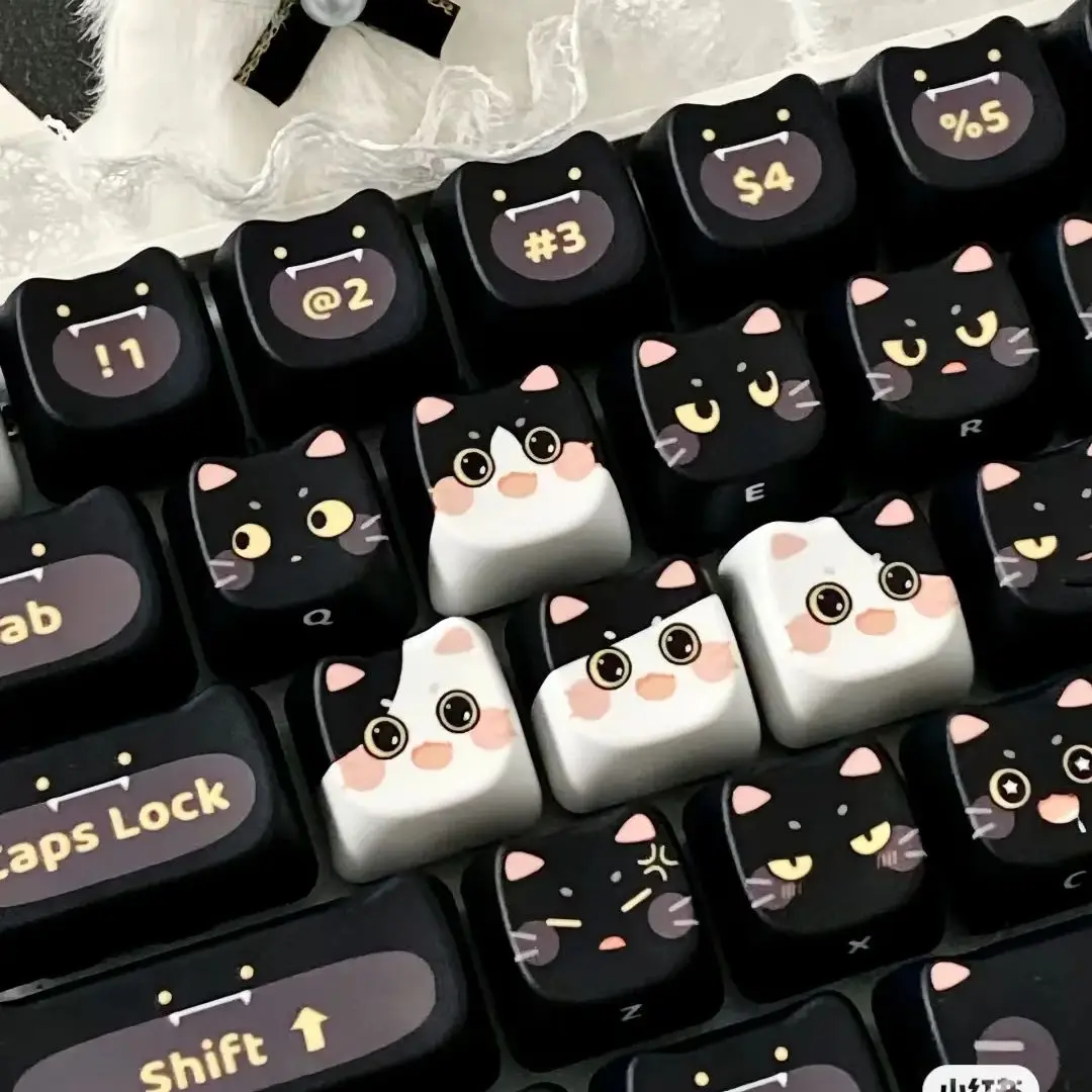 Mao-black Cat Keycaps Teclado Mecânico Pbt Quadrado Sublimação Térmica Bonito Personalizado 142 Chaves 2.25 u 2.75u