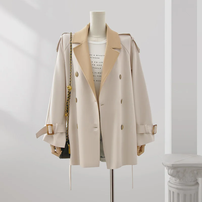 

SuperAen Contrasting Color Patchwork Design Windbreaker Women's Autumn New Style Double Breasted Jacket Coat