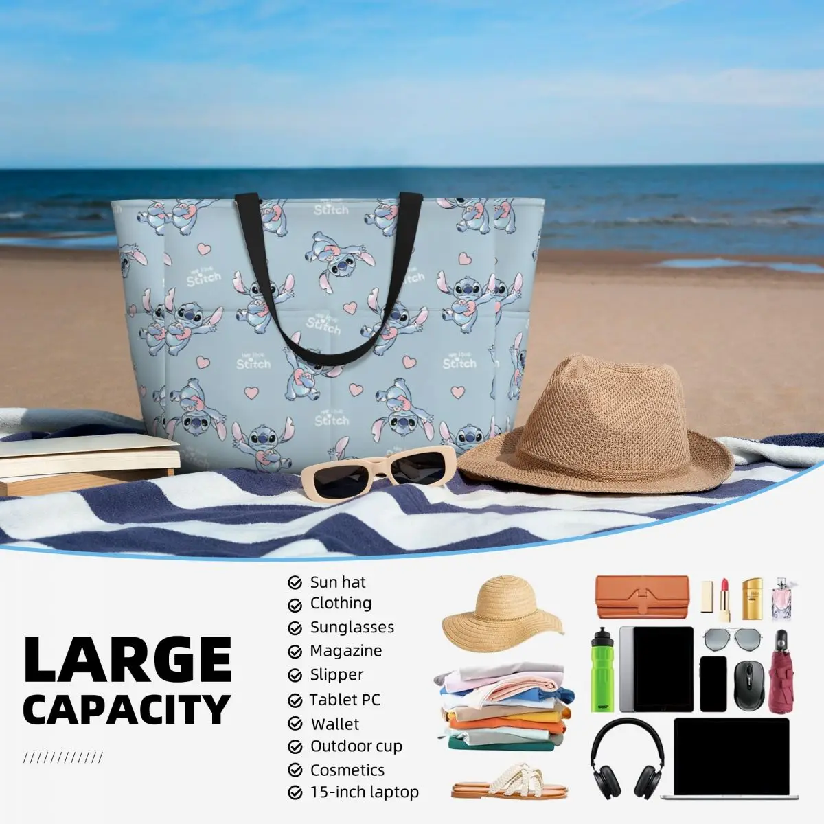 Disney Stitch Large Beach Tote Bag Women Sandproof Tote Bags for Travel