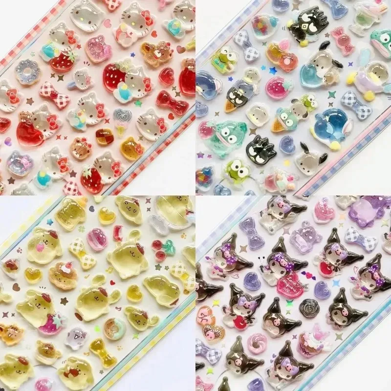 3D Sanrio Hellokitty Kuromi 스티커 귀여운 애니메이션 투명 젤리 크리스탈 장식 DIY 스티커 전화 케이스 어린이 장난감 파티 선물