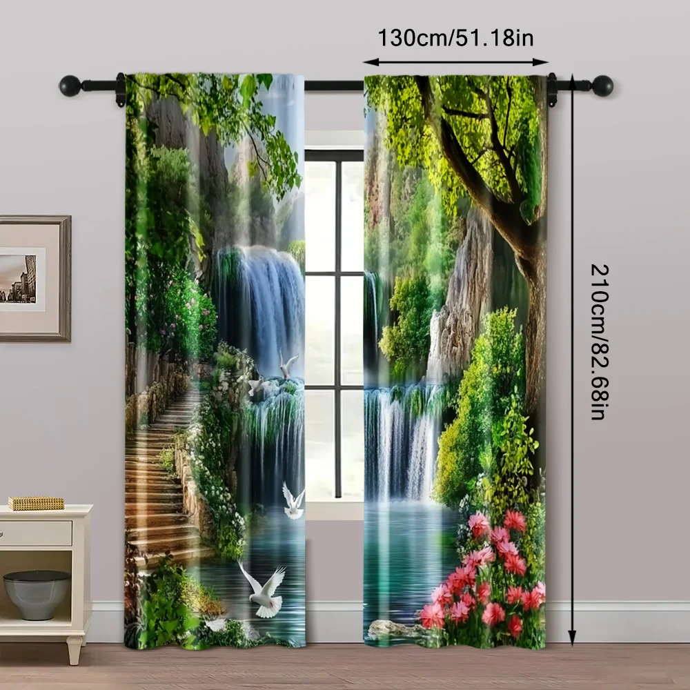 2pc, Window Curtains Beautiful forest waterfall scenery Durable 100% Polyester Fabric,Without Electricity Spring Party & Holiday 5