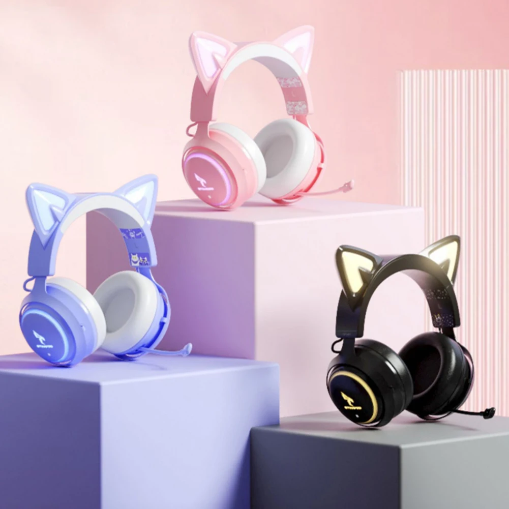 GS510 Pink Cat Ear Headphone With Rgb Led Light Flexible Mic