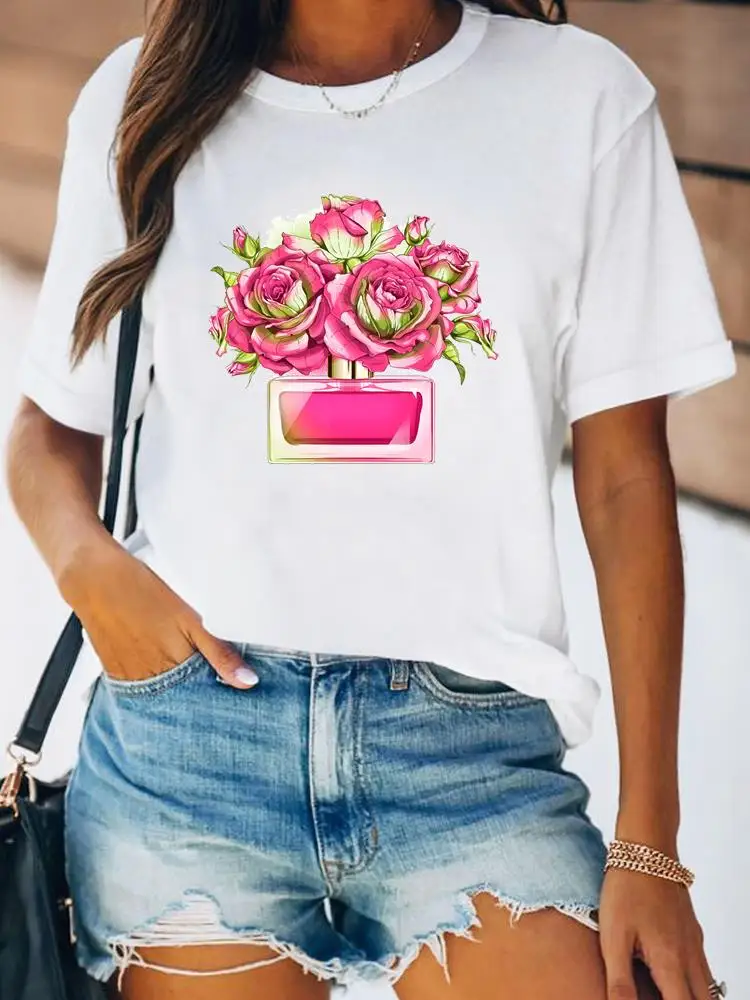 Women Spring Fashion Summer Female Tee Shirt Print Clothes Lady Short Sleeve Flower Lovely Floral Trend 90s Graphic T-shirt