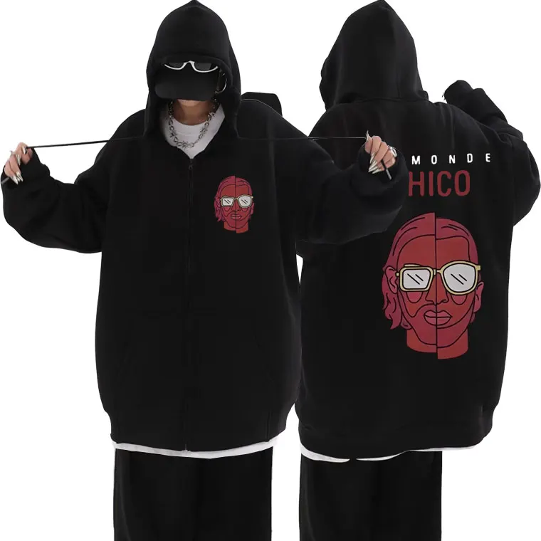 

French Rapper PNL Le Monde Chico Graphic Zipper Hoodie Men Women Hip Hop Oversized Sweatshirt Male Vintage Gothic Zip Up Jacket