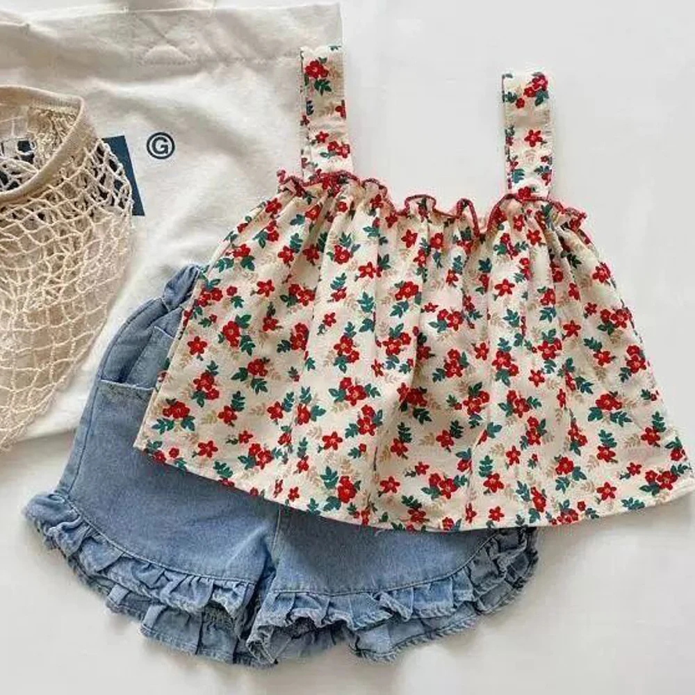 

Summer Baby Girl Clothes Sets Cute Floral Tank Top + Loose Soft Denim Short 2PcsKorean Fashion Children's Clothing Suit