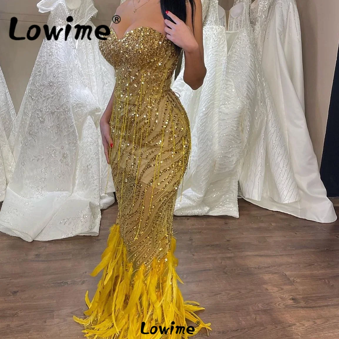 

Gold Feathers Long Party Dresses Vestidos De Noche 2023 Customize Beading Tassels Sequin Women Evening Gowns Mermaid Prom Dress