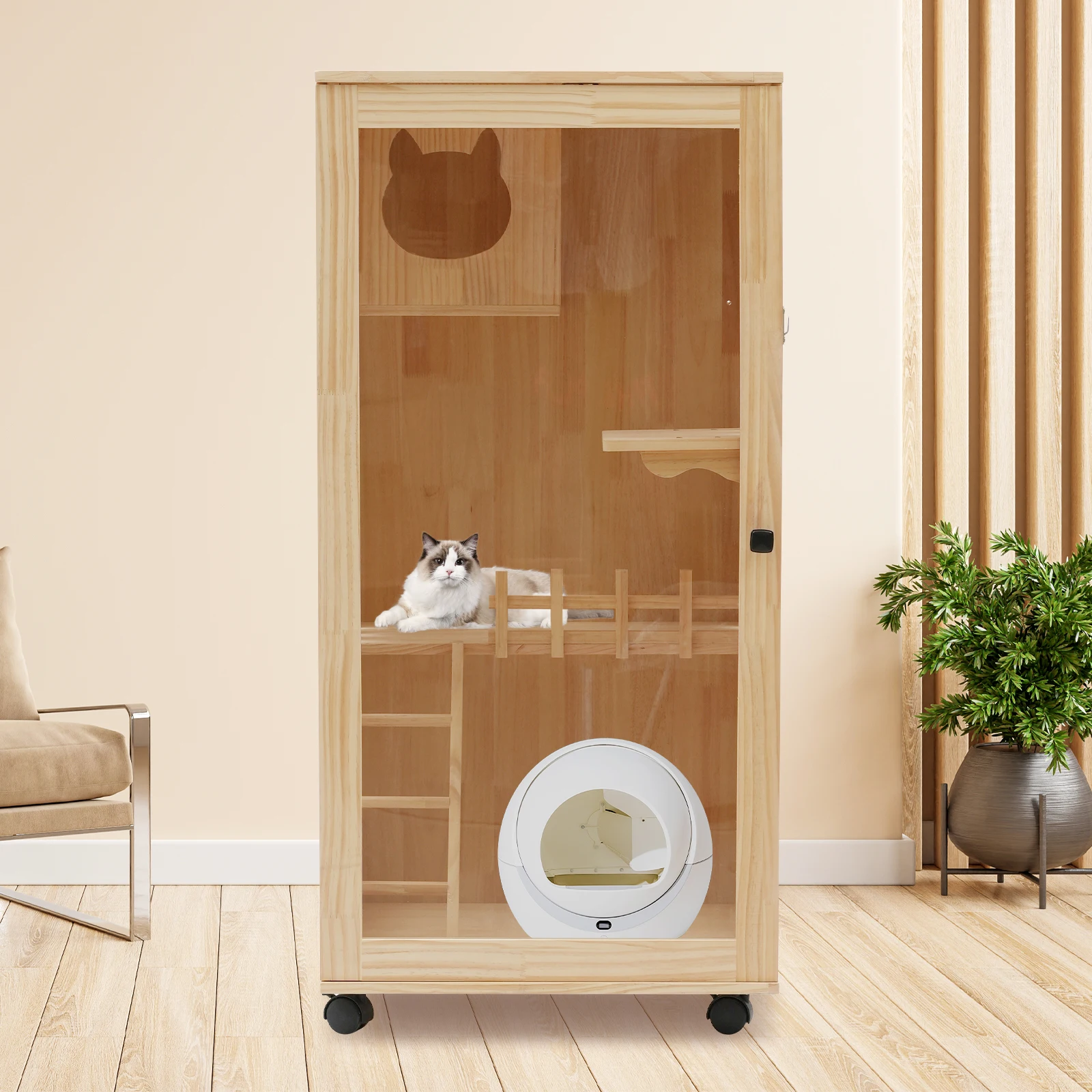 Large Wooden Cat House Luxury Multi-Feature Cat Condo Condo House with Scratching Posts Oversized Villa on Wheels