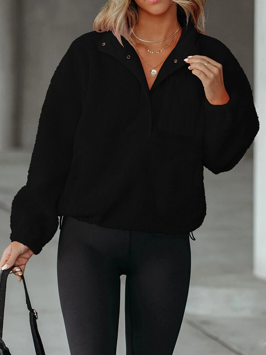 

Женский плюшевый пуловер с длинным рукавом, однотонный теплый свитшот с лацканами и пуговицами в стиле пэчворк, верхняя одежда для осени и зимы