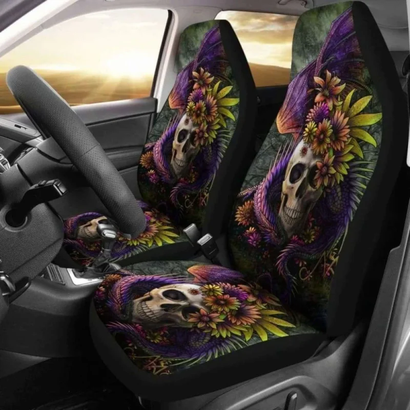 

Set 2 Pcs Gothic Skull Dragon Car Covers,Pack of 2 Universal Front Seat Protective Cover