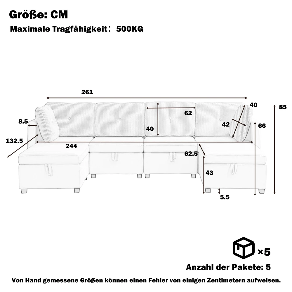 Modulares U-förmiges Sofa mit Stauraum, Multifunktionales Wohnzimmer-Ecksofa, Hochdichter Schaumstoff, Samt + Kord-Design – Detail 4
