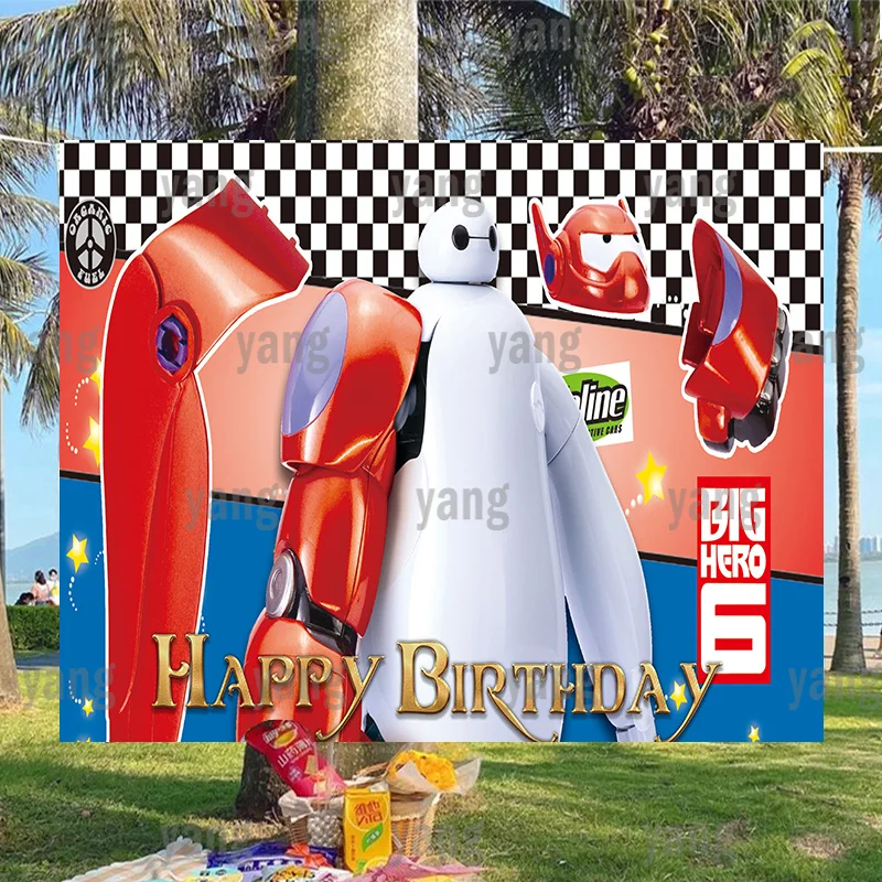 

Фон с мультипликационным изображением торта на день рождения вечевечерние храбрых больших героев Baymax Disney шахматная доска в клетку декорация для детского праздника