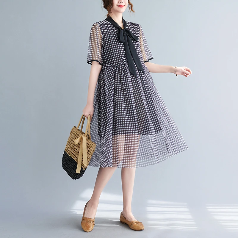 

2022 New Japanese Style Bow Collar Patchwork Mesh Fashion Plaid Sweet Girl's Chic Summer Dress Lady Women Casual Work Midi Dress