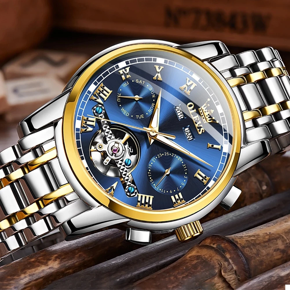 OLEVS Automatic Mechanical Watch for Men Week Calendar Skeleton Hollow Wristwatch Stainless Steel Classic Business Men's Watches