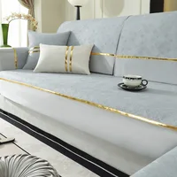 1pc Solid Color Sofa Cover Cotton Linen Four Season Anti-Slip With Gold Lines Decor, Couch Seat Cover Blanket Modern Living Room 2