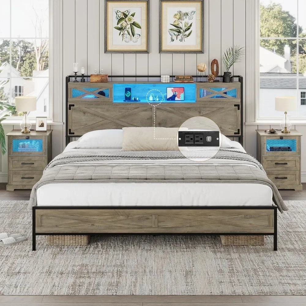 

Farmhouse Bed Frame Queen Size with LED Lights and Charging Station, Rustic Platform Queen Bed with Storage Headboard Bed Frames
