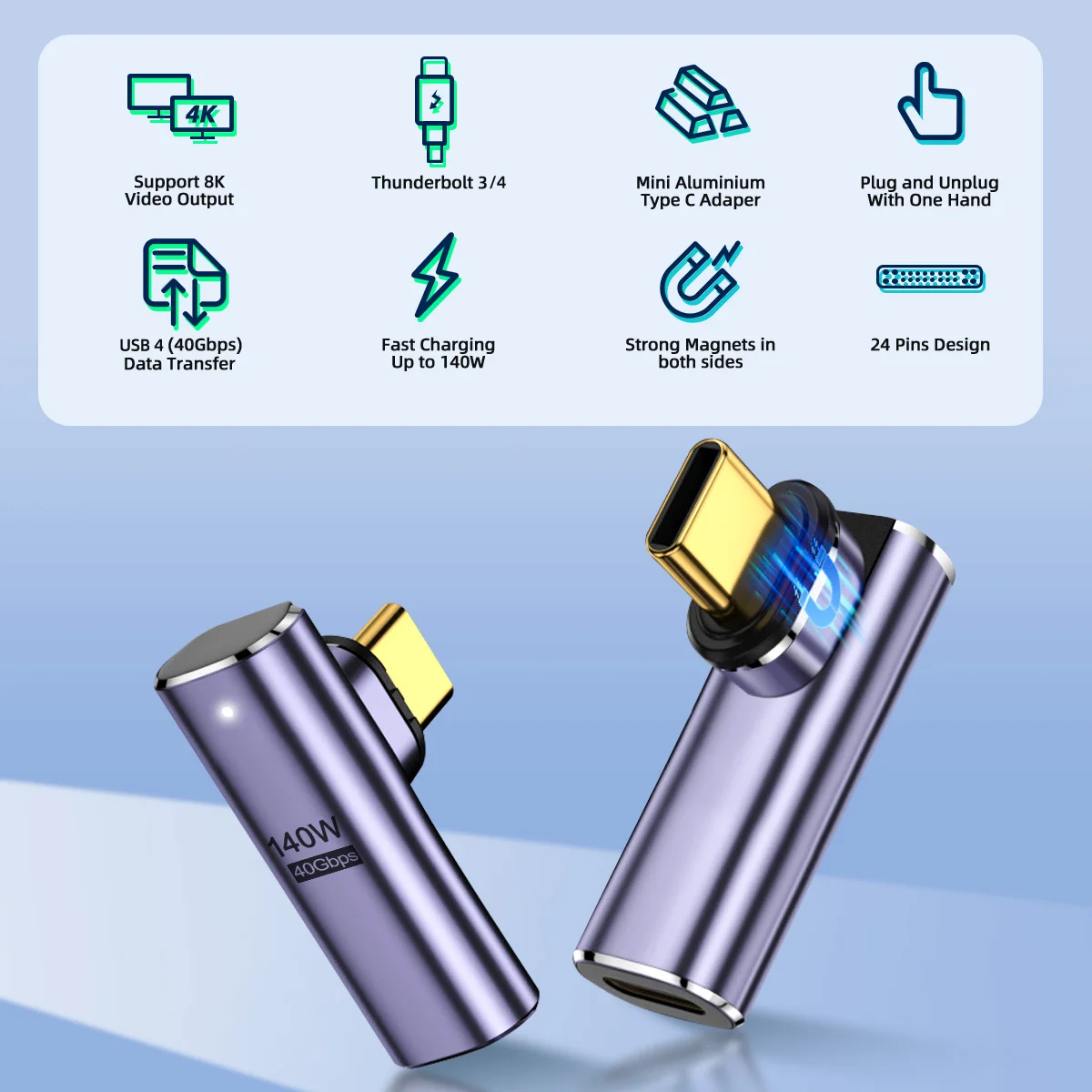 USB Adapter USB Adapter Cable USB Cable Adapter Conversion Cable Adapter 24Pins USB4.0 Magnetic Adapter Type C OTG 140W For Macbook Pro Xiaomi Samsung 40Gbps 8K@60Hz USB C Fast Charge Magnet Converter