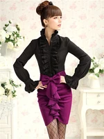Mode victorienne femmes hauts volants à manches longues à volants couleur unie OL bureau chemise froufrous poignets col haut Blouse automne hauts 5