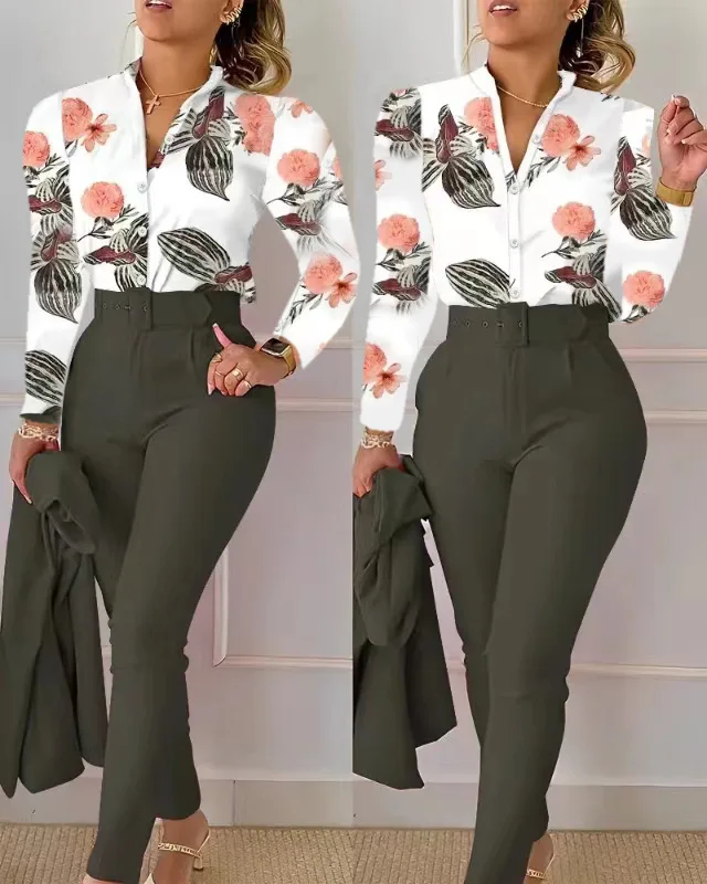 Shirt Pants Set Women Elegant Fashion V Neck Floral Print Long Sleeve High Waist Two Piece Set Office Lady Casual Trousers Suits