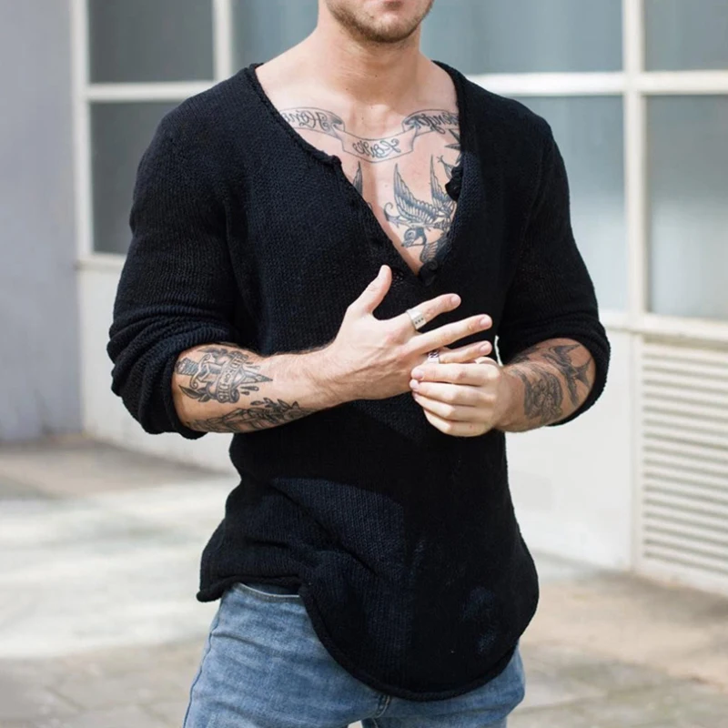 

Fashion V-neck Long-sleeved Pullover Men's Spring Autumn 2023 New Casual Solid Color T-shirt Men Loose Commuter Irregular Tops