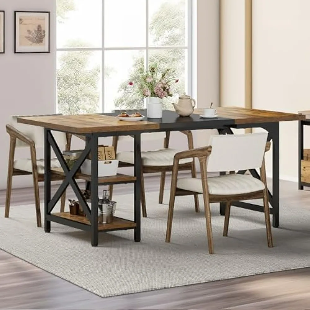 Dining Table for 4-6 People, Rectangular Wood Kitchen Table with Storage, Kitchen Dining Room Table for Big Family, Rustic Brown