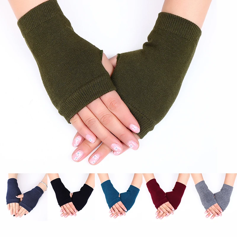

Exposed Finger Short Cashmere Gloves Solid Color Stretch Mittens Thumb Holes Hand Wrist Arm Warmer Half Finger Gloves Handmade