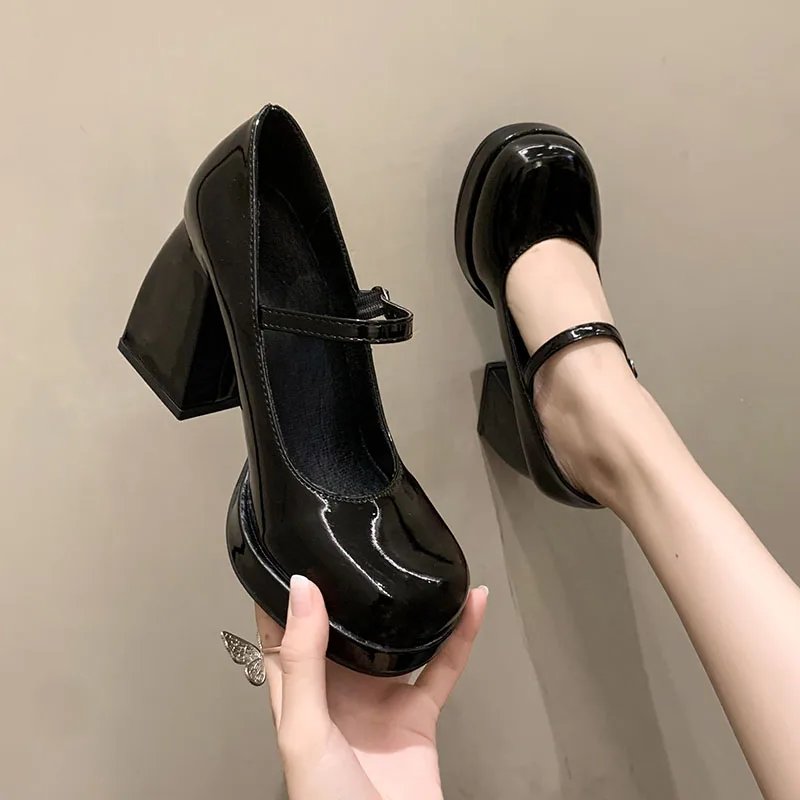High Heels Platform Pumps Women 2024 Spring Pu Leather Ankle Buckle Mary Jane Shoes Woman Thick Heeled Goth black Lolita Shoes