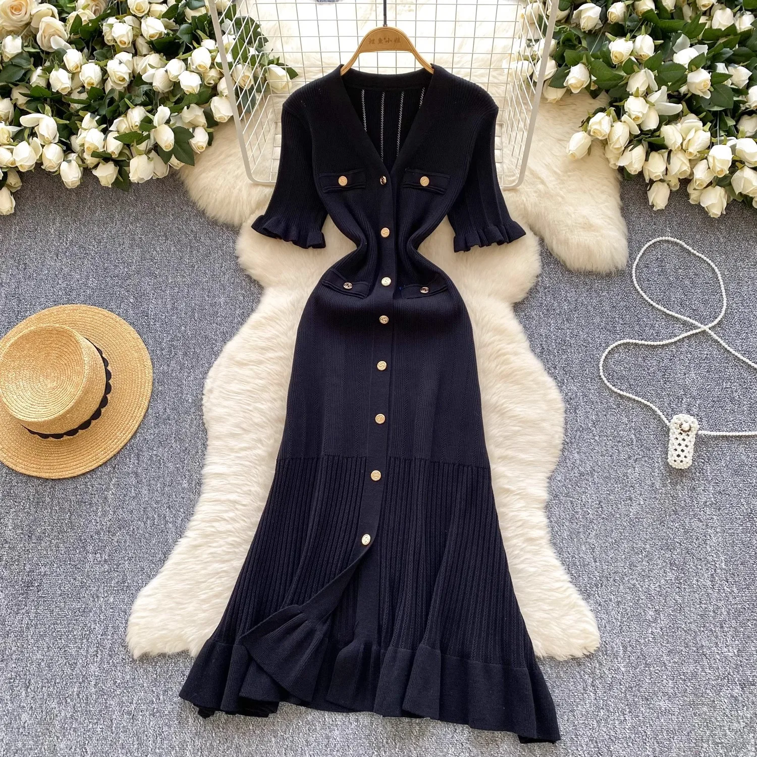 YuooMuoo Nouvelle Collection 2026 Robes Femme Marque Tendance Vintage Col V Volants Tricoté Longue Robe Élégante Soirée Vestidos