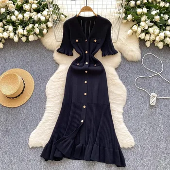 YuooMuoo Nouvelle Collection 2026 Robes Femme Marque Tendance Vintage Col V Volants Tricoté Longue Robe Élégante Soirée Vestidos