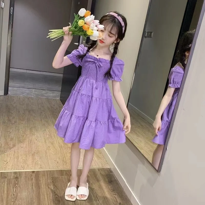 

Girls Dress Summer 2024 New Korean Edition Little Girl Purple Dress Checkered and Fashionable Bubble Sleeves Princess Dress