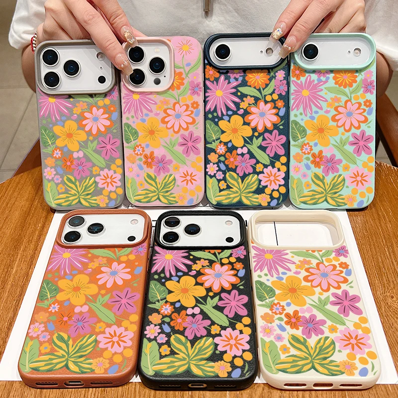 Vibrant Cartoon Flowers Shockproof Leather Texture Silicone Phone Case