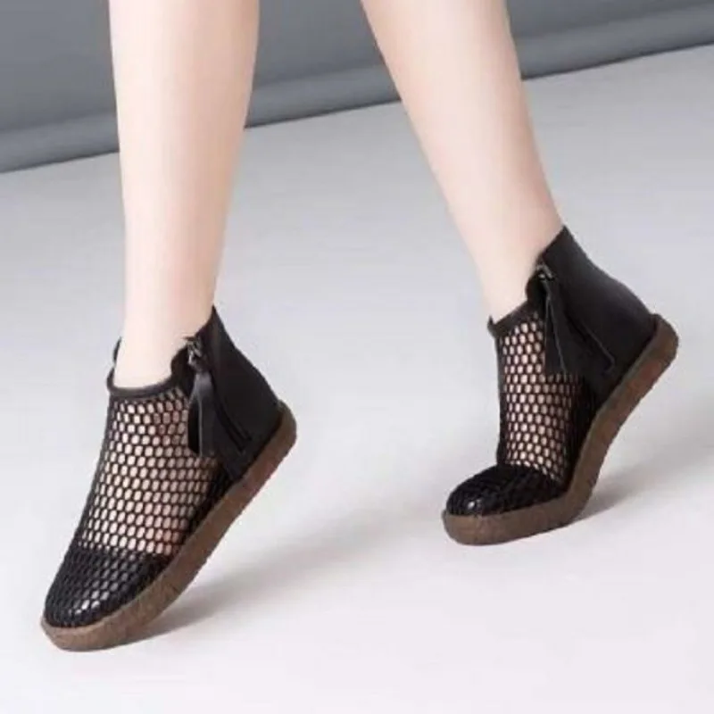 

Summer Women Mesh PU Patchwork Breathable Pumps Zip Round Toe Thick Heels Fashion Female Dress Shoes Elegant Footwear