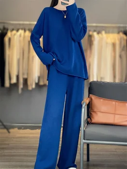 Women's matching set 100% Merino wool round neck sweater elastic waist pants two-piece set knitted casual loose women's clothing 1